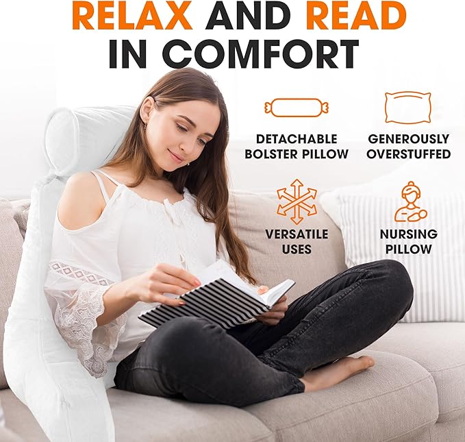 Cheer Collection Reading Pillow Chair - Chair Pillow with Arms and Detachable Neck Bolster for Bed & Couch - Machine Washable, White