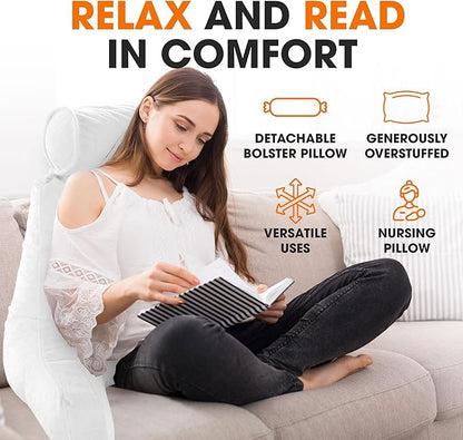 Cheer Collection Reading Pillow Chair - Chair Pillow with Arms and Detachable Neck Bolster for Bed & Couch - Machine Washable, White