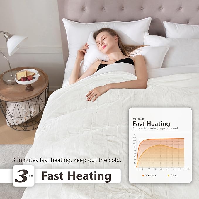 Wapaneus Heated Blanket Electric Twin Size 62"x84" with 10 Heating Levels 12 Timer Settings 8 Hours Auto-Shut Off,Flannel Fast-Heating Electric Blanket,ETL Listed Machine Washable,Ivory