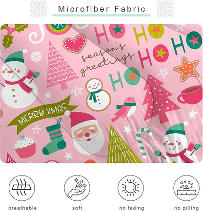 Pink Christmas Comforter Queen: Merry Xmas Santa Claus Bedding Set Queen Size for Teen Girls Women Adults Kids Christmas Tree Snowman Elk Quilt Bed Set 1 Comforter & 2 Pillowcases