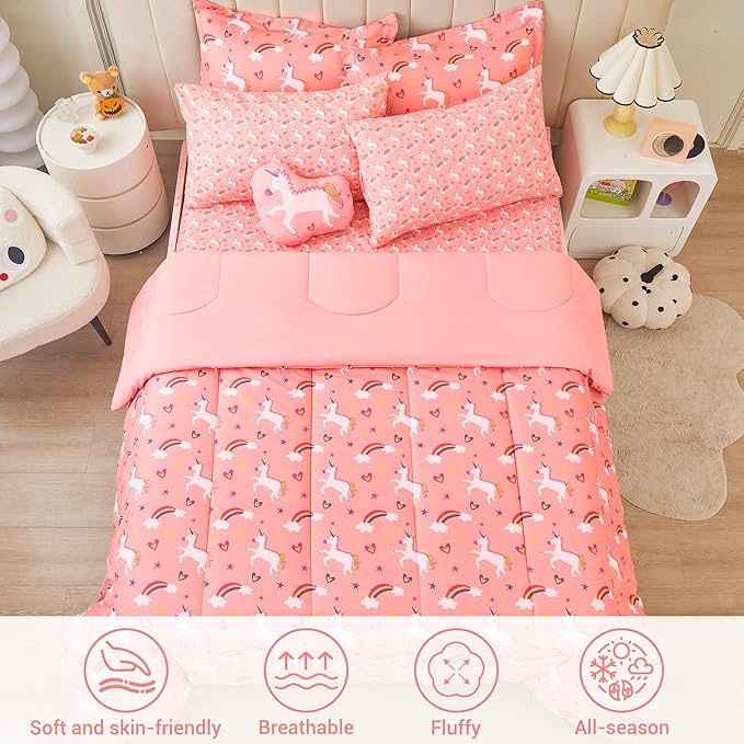 Mooreeke Twin Size Comforter Sets for Girls Kids, 6 Pieces Bed in a Bag Pink Unicorn Rainbow Bedding Comforter Sheet Set with Shams and Decorative Toy Pillow, Ultral Soft Microfiber Kids Bed Set