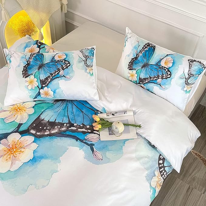 CVHOUSE Butterfly Duvet Cover King Size,Blue Watercolor Butterfly Bedding Set,Butterfly Comforter Cover for Girls Kids Teens,1 Duvet Cover 2 Pillowcases 3 Piece