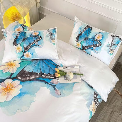 CVHOUSE Butterfly Duvet Cover King Size,Blue Watercolor Butterfly Bedding Set,Butterfly Comforter Cover for Girls Kids Teens,1 Duvet Cover 2 Pillowcases 3 Piece