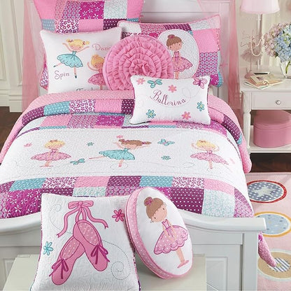 Cozy Line Home Fashions 100% Cotton Dance Princess Girl Reversible Bedding Quilt Set, Bedspread Coverlet for All Seasons (Pink Ballerina, Queen-3 Piece)