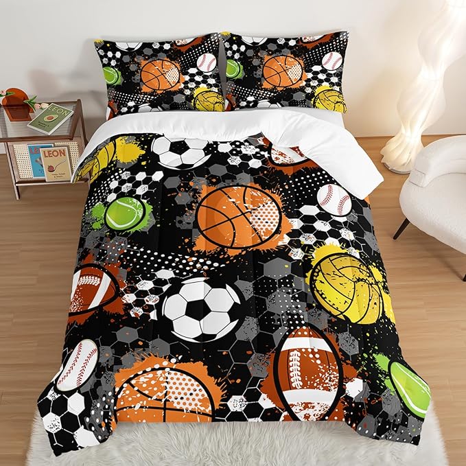 Kids Sports Balls Bedding Full Comforter Set for Boys,Tie-Dyed Football Basketball Baseball Print Comforter Set for Kids Bedroom Decor,Sports Themed Bedding Comforter Set with 2 Pillowcases.