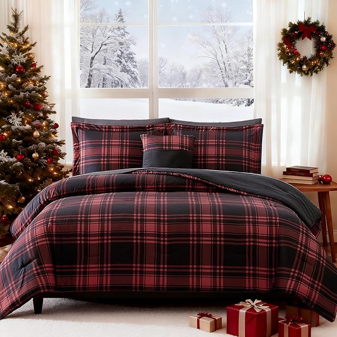 MaiRêve King Comforter Set, Classic Red Black Plaid Bedding Set 7 Pieces, Farmhouse Lightweight All Season Bed in a Bag with Sheets, Pillowcases & Shams