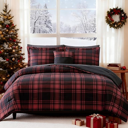 MaiRêve King Comforter Set, Classic Red Black Plaid Bedding Set 7 Pieces, Farmhouse Lightweight All Season Bed in a Bag with Sheets, Pillowcases & Shams