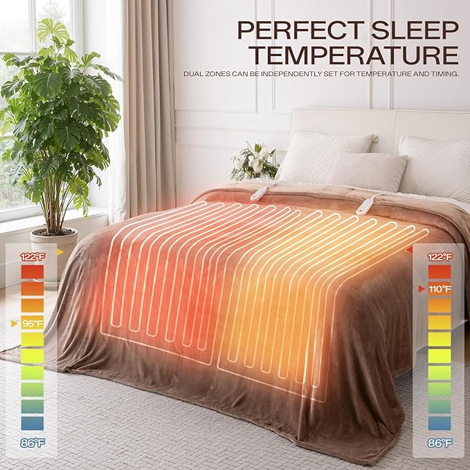 Electric Blanket Queen Size, Ultra Soft Flannel Heated Blanket for Full Body, Dual Control Heating Blankets with 10 Hours Automatic Shut Off, 8 Heating Levels, Washable, Double Zone, 84" x 90" Brown
