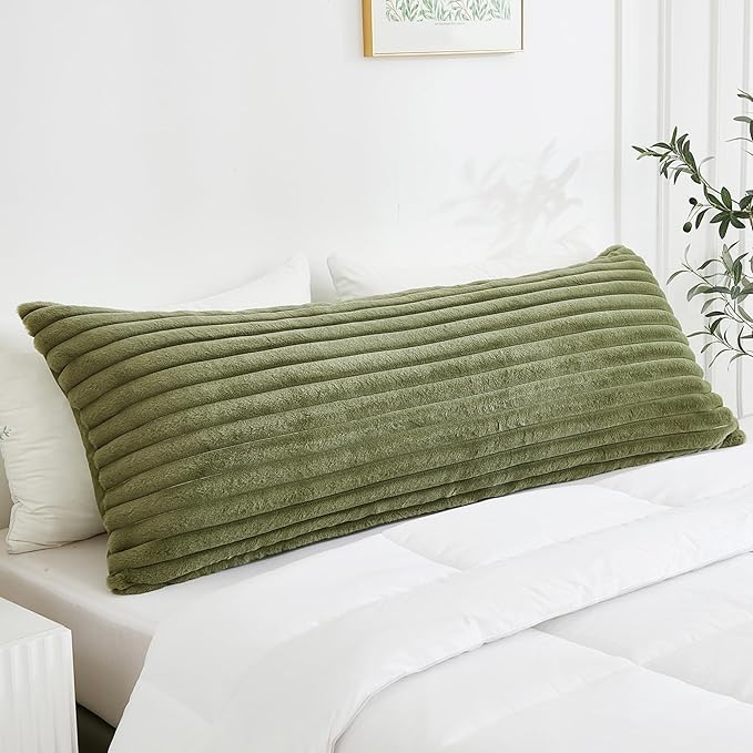 Full Body Pillow with Fluffy Stripe Faux Fur Removable Cover, Long Bed Pillow Adult 20x54 Inches for Side Sleeper and Pregnancy, Sage.