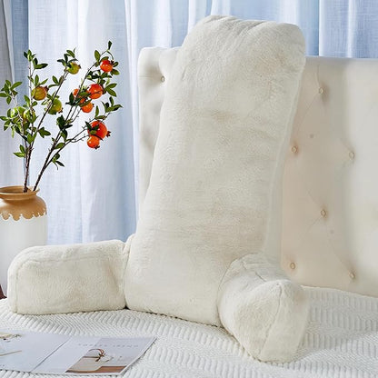 Faux Fur Assembly Need DIY Extra Large Backrest Reading Bed Rest Pillow with Arms and Pockets for Sitting in Bed Couch Sofa, Removable Cover & Filling Seprated, 28" x 30" x17", Cream