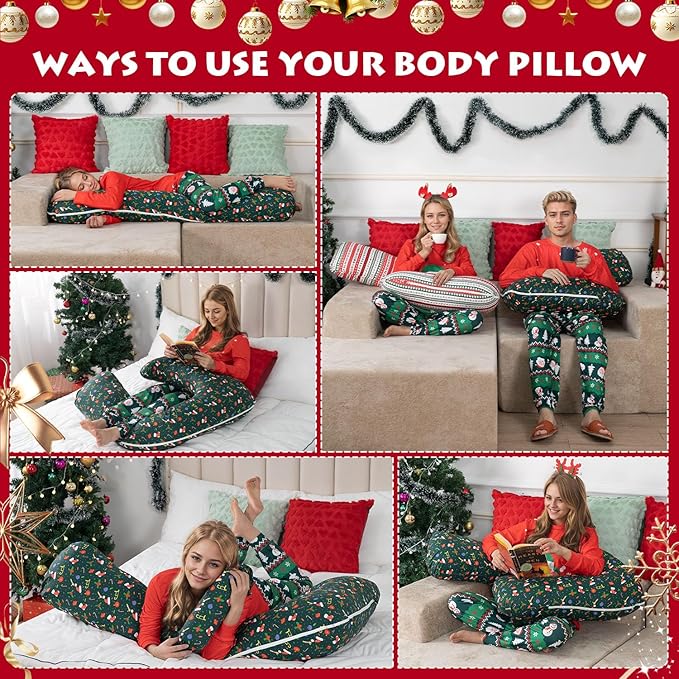 Body Pillow for Adults Side Sleeping & Pregnancy, 55 Inch Long Bolster Pillow with Mini Candy, Firm Support, Full Length Hugging Bolster for Beds, Removable Machine Washable Green Christmas Pillowcase