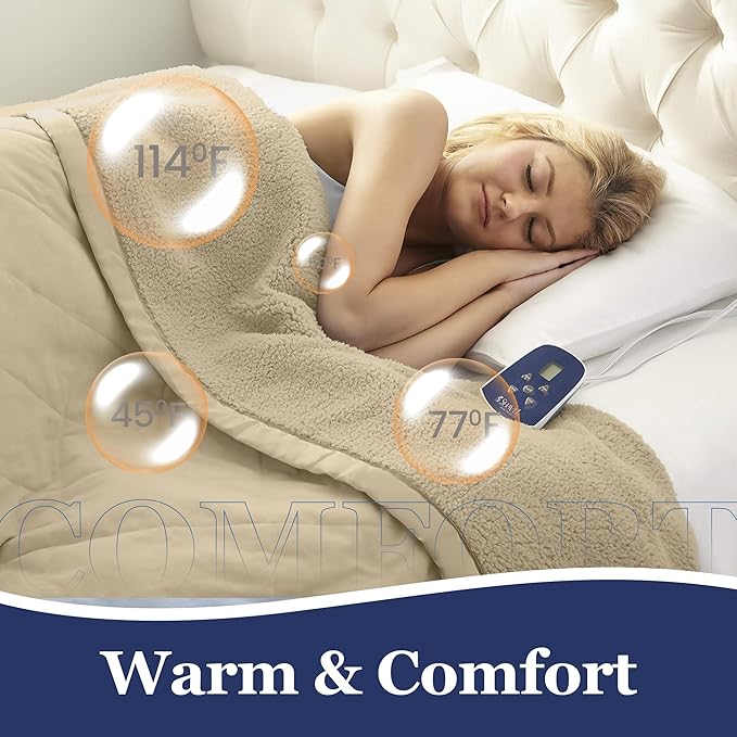Thermee Micro Flannel Heated Blanket with Sherpa Back, 10-Setting Programmable Electric Blanket - King Size, Ultra-Soft Heated Throw - Tan