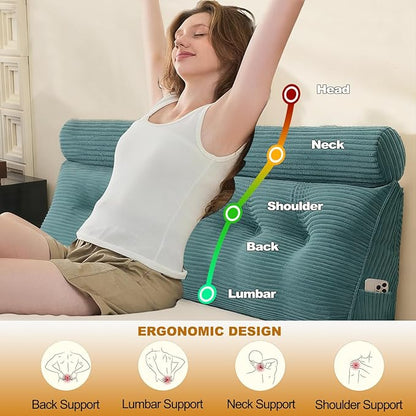 Headboard Pillow King, Triangular Wedge Cushion with Neck Roll Pillow, Back Support Bodypillow with Removable Washable Cover for Bed Sofa