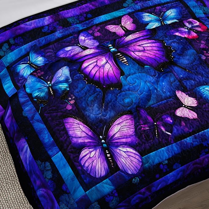QOOMO Purple Butterfly Quilt Set Full/Queen Size,Butterfly Bedspread Coverlet Set,Butterflies 3Pcs Bedding Set Printed Quilt with 2 Pillowcases,Soft and Lightweight,for All Seasons