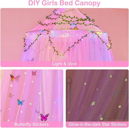 FIOBEE Bed Canopy for Girls Room Bed Canopy Curtains with Led Lights Mosquito Net DIY Princess Room Décor with Stars Butterflies for Kids Bedroom, Rainbow