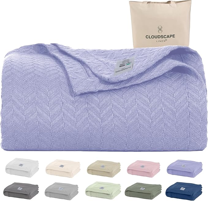 Cloud Scape Linen Herringbone Cotton Twin Blanket for Couch, Bed,Sofa, Home Decor, Soft, Weighted, All-Season, Winter Bed Blanket, Best Gift Idea, 68 x92, Lavender Blue