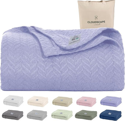 Cloud Scape Linen 100% Cotton Blanket King Size for Bed – Heavy & Soft, All Season, Winter Layering Blanket, Herringbone Weave, Best Gift for Christmas, fits Up to Cal King, 92x108, Lavender Blue