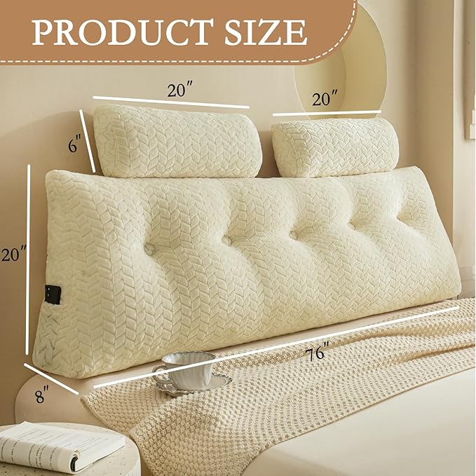 YOUR MOON Wedge Headboard Pillow King with 2 Pack Neck Roll Pillows, Triangular Wedge Backrest Pillow Headboard for Bed,Daybed,and Lounging, Large Bed Bolster Pillows,Off White