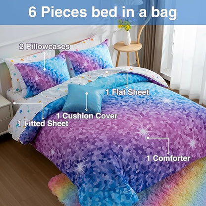 A Nice Night 6Pcs Gradient Abstract Art Grid Mosaic Geometric Bedding Set for Girls, Colorful Rainbow Galaxy Comforter Set, Ultra Soft Bedding Sets (PinkBlue,Full 6Pcs)
