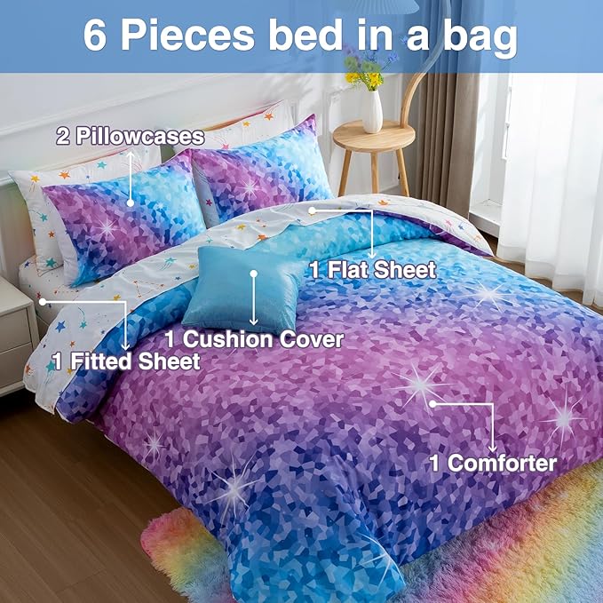 A Nice Night 6Pcs Gradient Abstract Art Grid Mosaic Geometric Bedding Set for Girls, Colorful Rainbow Galaxy Comforter Set, Ultra Soft Bedding Sets (PinkBlue,Twin 6Pcs)