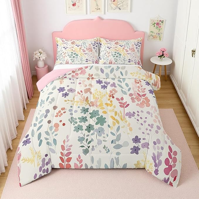 Erosebridal Colorful Floral King Comforter Set for Kids Girls Women,Cute Rainbow Flower Bedding Set Boho Bedroom Decor,Watercolor Wildflower Quilt Bed Set Rustic Flowers Bed Comforter Set 3Pcs