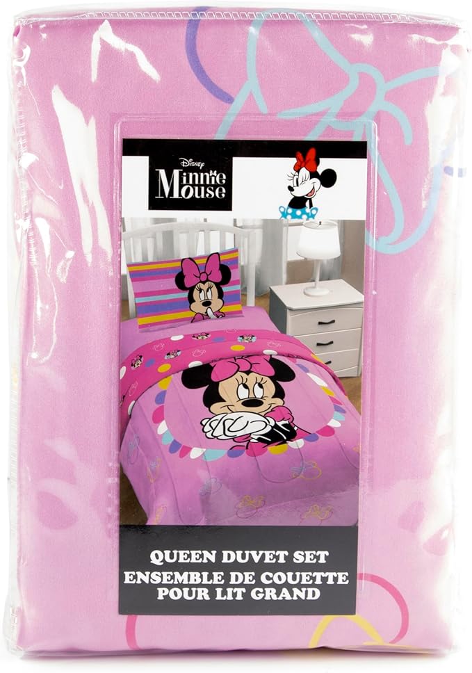 Jay Franco Duvet Cover Set – 3 Piece Comforter Cover and Sham Set, Super Soft Cozy Kids Bedding (Insert Not Included) Pink- Minnie Mouse, Queen