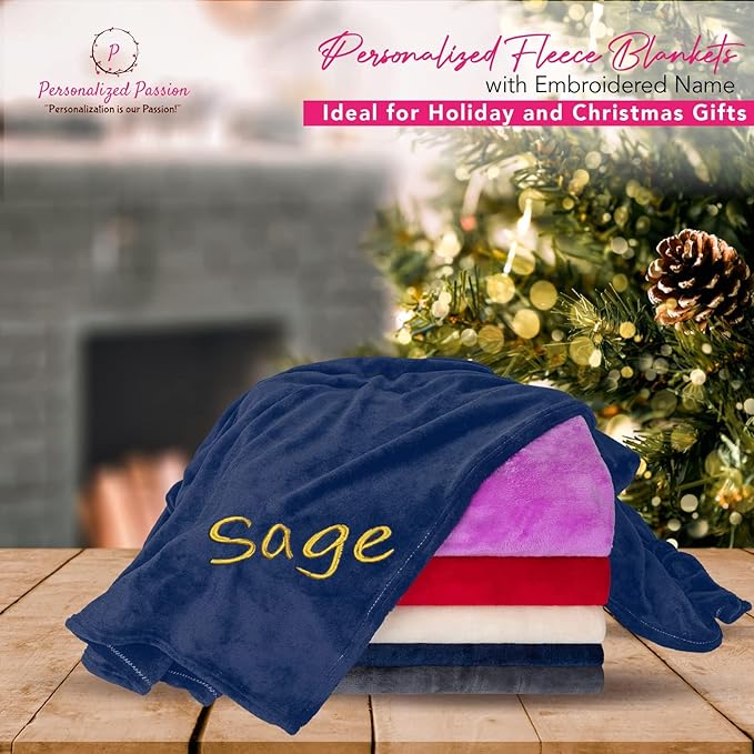 Personalized Blankets for Adults - Custom Blanket with Embroidered Name or Monogram - Soft Fleece Throw Cover for Bed & Couch - Navy (60"x80")