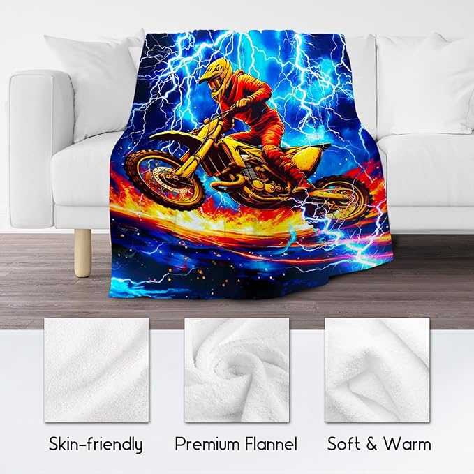 Blanket for Boys, Dirt Bike Blanket for Kids Age 6-8, Motorcycle Throw Gifts with Lightning, Plush Throw for Teens, 50"x60"