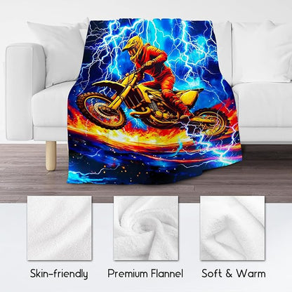 Blanket for Boys, Dirt Bike Blanket for Kids Age 6-8, Motorcycle Throw Gifts with Lightning, Plush Throw for Adults, 60"x80"