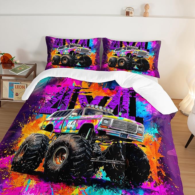 Cool Monster Truck Comforter Set Twin Size,Colorful Graffiti Tie-Dye Pattern Racing Sport Bedding for Kids Boys Teens Room Decor,Cartoon Cars Themed Bedding Sets with 2 Pillowcases.