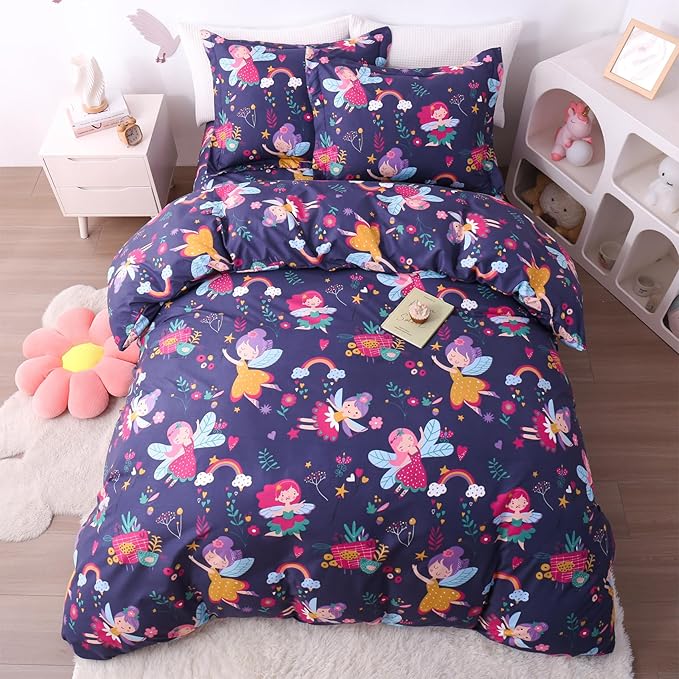 JSD Fairy Floral Kids Duvet Cover Set Twin Size, 2 Piece Girls Printed Microfiber Comforter Cover with Pillow Sham Zipper Closure, Comforter Not Included