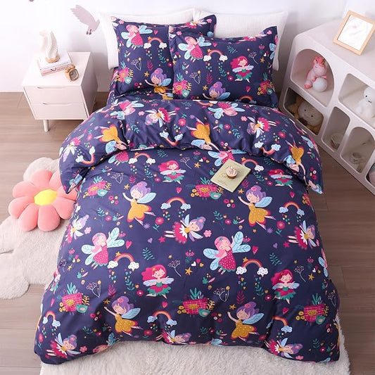 JSD Fairy Floral Kids Duvet Cover Set Queen Size, 3 Piece Girls Printed Microfiber Comforter Cover with Pillow Shams Zipper Closure, Comforter Not Included