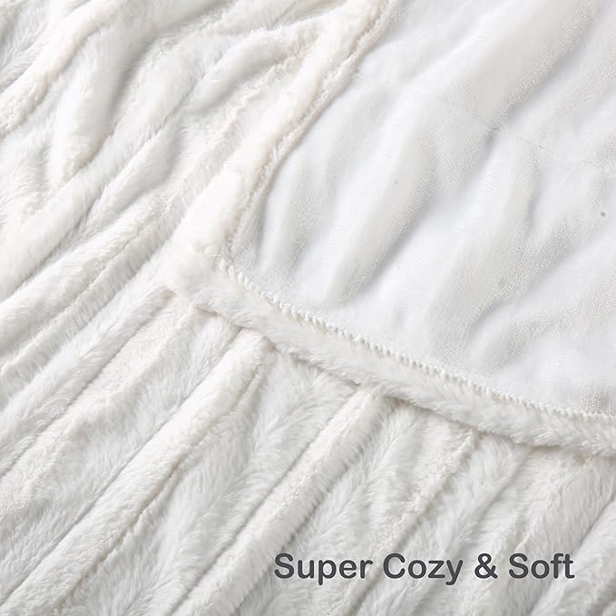 Electric Heated Blanket Throw Size 50" x 60", Super Cozy Warmth Soft with 4 Heating Levels & 10 Hours Auto Off, Plush Faux Fur, Machine Washable, Home Office Use, Striped White