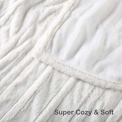 Electric Heated Blanket Throw Size 50" x 60", Super Cozy Warmth Soft with 4 Heating Levels & 10 Hours Auto Off, Plush Faux Fur, Machine Washable, Home Office Use, Striped White