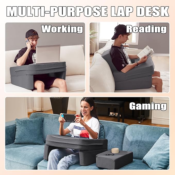 Lap Desk for Laptop, Reading Pillow for Adult, Memory Foam Gaming Pillow with Cup Holder, Arm Rest Couch Pillow for Working, Gaming, Reading, Laptop Desk for Couch Bed Floor(Grey)