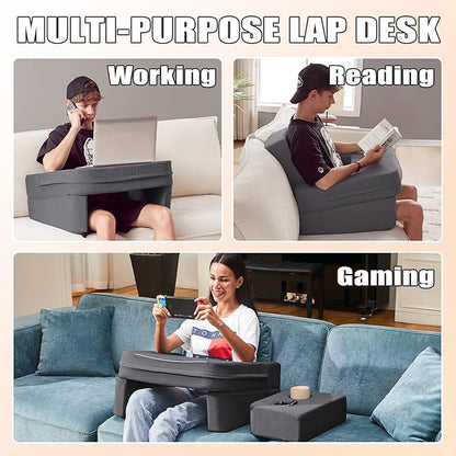 Lap Desk for Laptop, Reading Pillow for Adult, Memory Foam Gaming Pillow with Cup Holder, Arm Rest Couch Pillow for Working, Gaming, Reading, Laptop Desk for Couch Bed Floor(Grey)