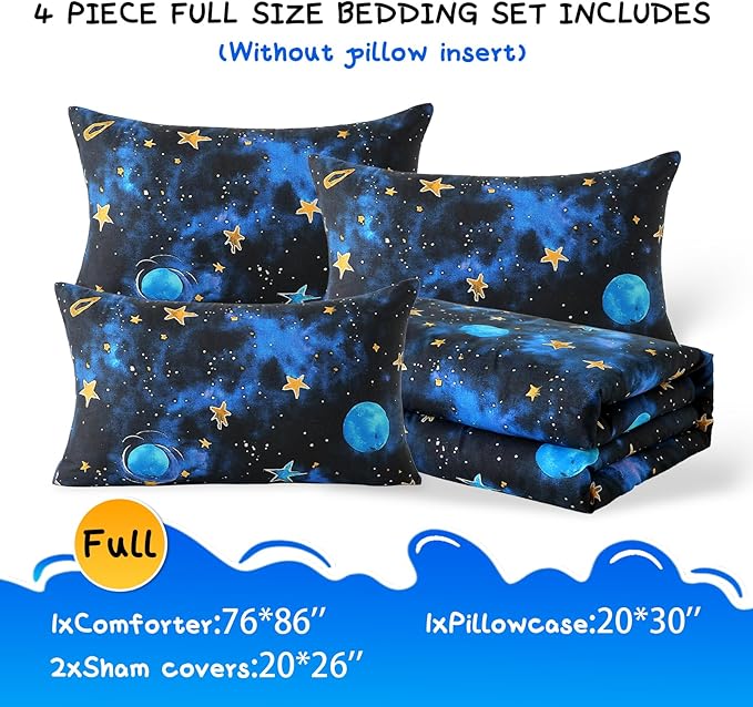 Glow in The Dark Kids Comforter Set， 4 Pieces Blue Space Bedding Set Full Size for Boys Girls Teen, 1 Comforter, 1 Pillowcase, 2 Pillow Shams
