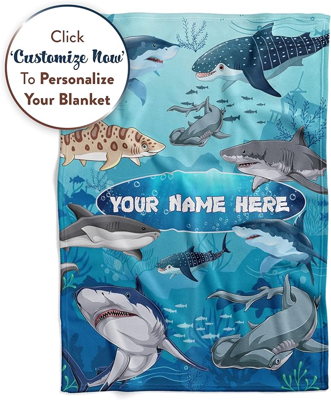 Personalized Shark Blanket for Kids - Ships Next Day and Made in USA - Soft Fleece Throw Bed, Cute Room Decor, Plush Sofa Couch Cover, Lightweight Baby Shark Toys, Custom Gift (Fleece – 50x60)