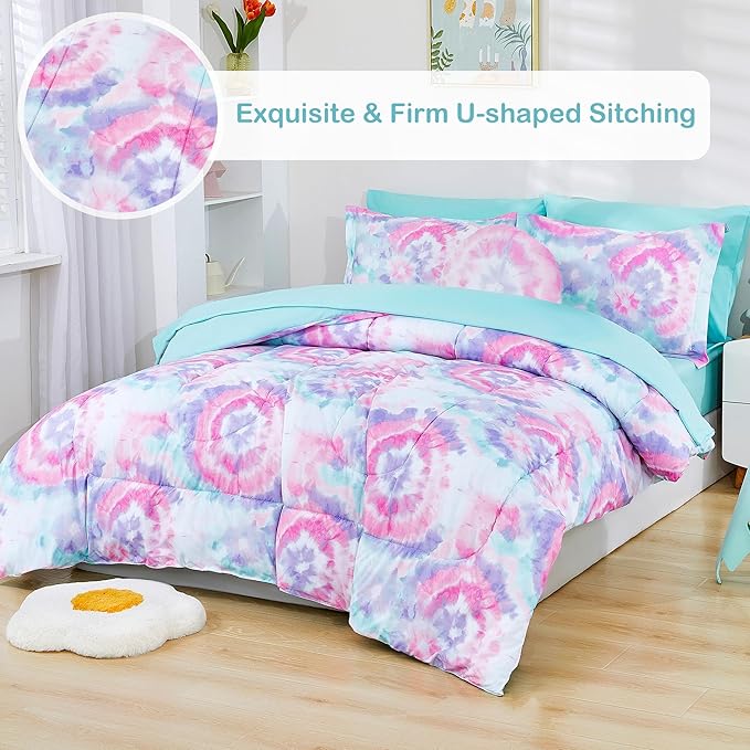 Mooreeke Tie Dye Kids Comforter Bed Set Full Size for Girls, 8 Pieces Bed in a Bag with Shams, Sheet Set, A Toy Pillow Dark Pink Round Flower Full Soft Microfiber Kids Comforter Bedding Set