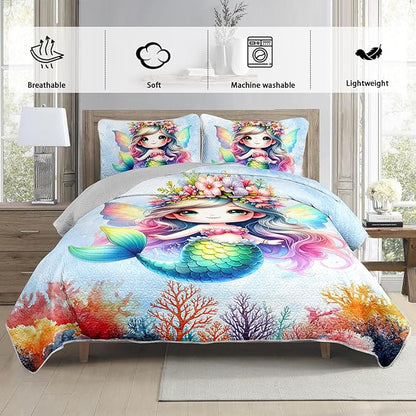 Mermaid Quilted Quilt Queen Bedding Sets for Girls,Cute Mermaid Tail Coral Printed Bedding for Kids Bedroom Glitter Decor,All Season Bed Sets with 2 Pillowcases.