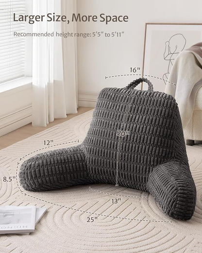Blissful Diary Reading Pillow, Large Backrest Pillow with Shredded Memory Foam for Adult & Children, Designed for Bed and Couch Sitting Up, Includes Arms, Pockets and Washable Cover, Dark Gray
