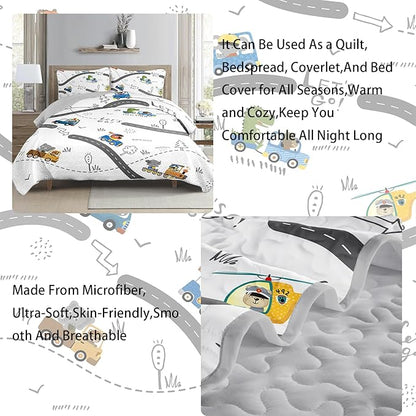 AILONEN Construction Truck Quilt 3-Piece Queen Cartoon Bear Bedspread Coverlet for Boys Work Road Print Quilt with 2 Pillowcases Soft and Lightweight