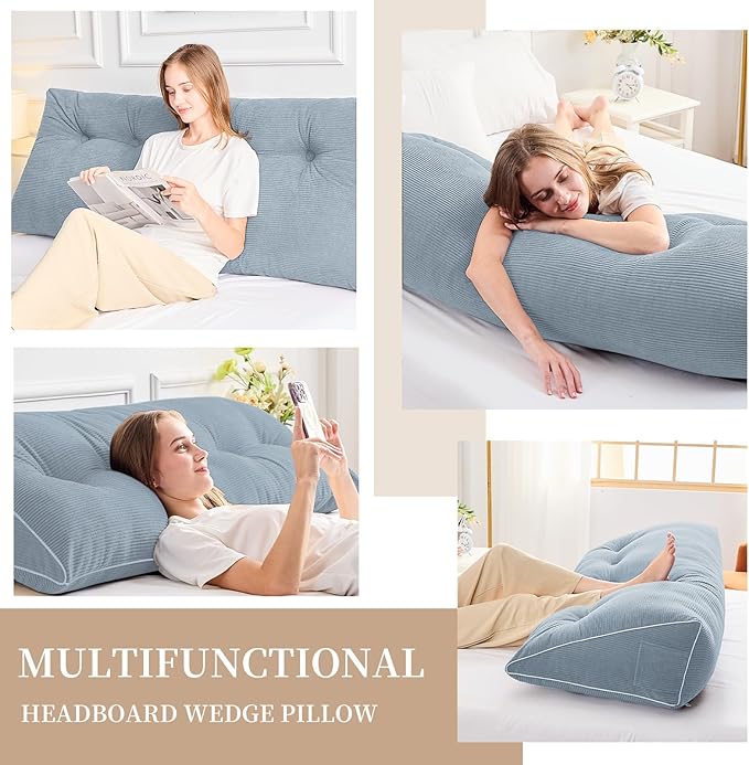 Sasttie Headboard Pillow Twin/Twin XL, Wedge Pillow Headboard for Dorm, Triangular Daybed Backrest Cushion for Sitting or Reading in Bed, with Removable Washable Cover, Greyish Blue