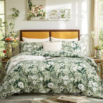 Green Floral Duvet Cover King 100% Cotton Decorative Emerald Duvet Cover 3 Pcs Set Dark Green Botanical Duvet Cover with Zipper Ties 2 Pillowcases Tropical Floral Bedding