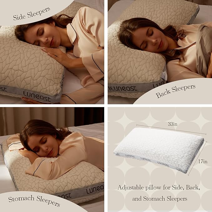 Memory Foam Pillows for Sleeping Adjustable Bamboo Blend Breathable Bed Pillow for Side, Back, and Stomach Sleepers Washable Pillow Cover King Size 17X33IN