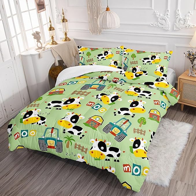 Cute Cow Comforter Set Farm Aninmal Printed Bedding Set with 1 Comforter and 2 Pillowcases for Boys and Girls Bedroom All Season(Cow Full)