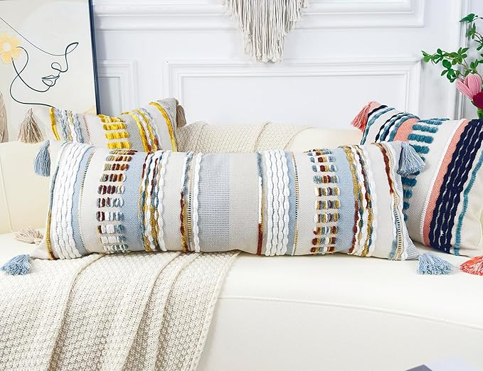 Chenille and Cotton Long Pillow for Bed, Striped Textured Boho Lumbar Throw Pillow Cover 14x36, Neutral Accent Decorative Extra Long Body Pillow Case for Couch, Sofa, Bedroom, Light Blue