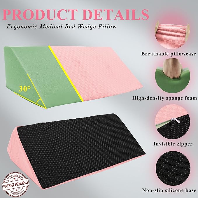 Bed Wedge Pillow for Side Sleeping Foam Filled Body Positioning Triangle Pillow Suitable for Pregnancy and Surgery Prevent Bed Sore for Leg and Back Support with Pillow Case (Light Pink)