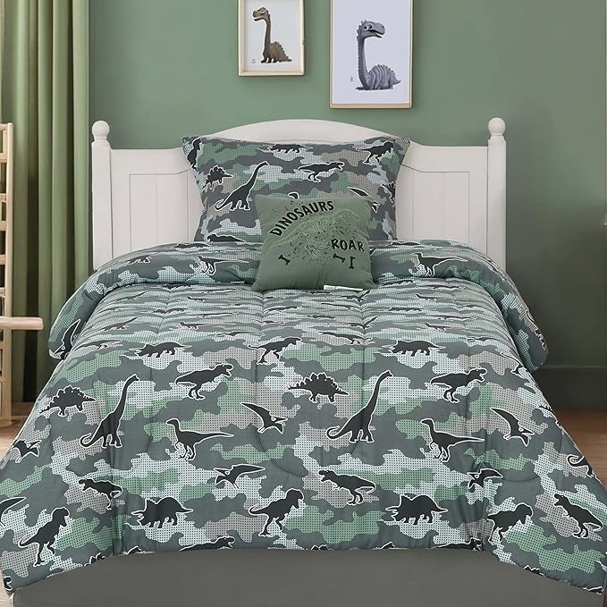 Twin Comforter Set for Boys-3 Pieces Dinosaur Glow in The Dark Twin Bedding Sets for Kids,1 Comforter,1 Sham and 1 Decor Pillow