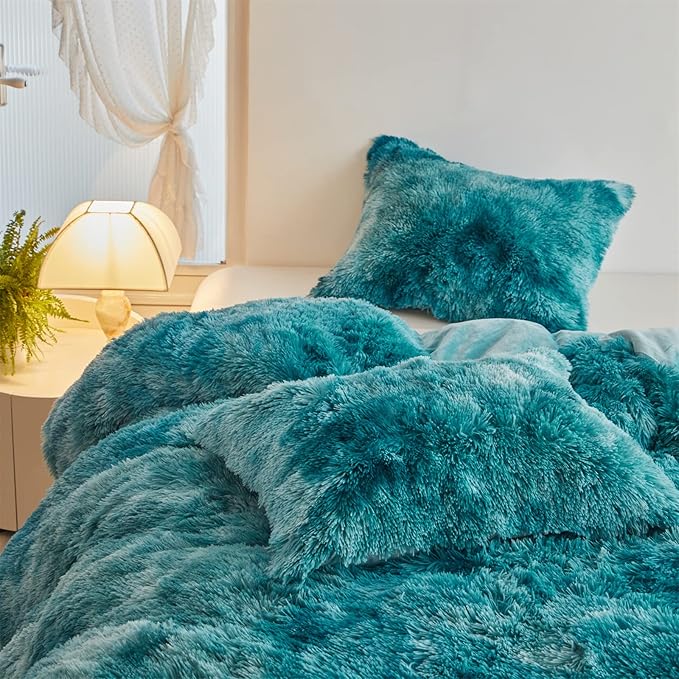 Wajade Faux Fur Plush Tie Dye Teal Comforter Set Fluffy Fuzzy Shaggy Bedding Set - 3PC Full Size Microfiber Soft Warm Quilt Set